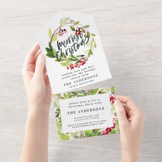 Watercolor Berries and Greenery Wreath Holiday All In One Invitation (Tearaway)