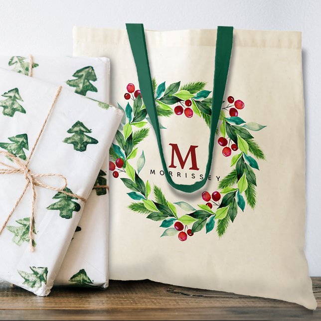 Watercolor Berries and Hollies Wreath Monogram Tote Bag (Creator Uploaded)