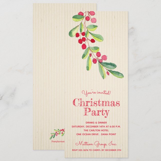Watercolor Berries and Leaves Christmas Invites (Front/Back)
