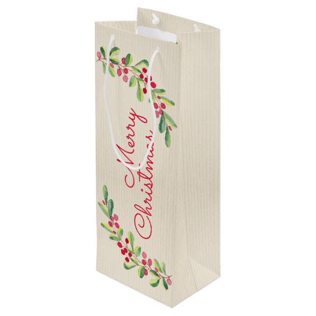 Watercolor Berries and Leaves Holiday Christmas Wine Gift Bag (Back Angled)