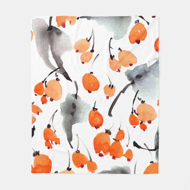 Watercolor berries and leaves illustration pattern fleece blanket (Front)