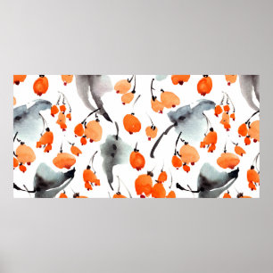 Watercolor berries and leaves illustration pattern poster