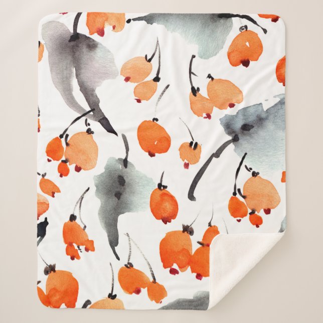 Watercolor berries and leaves illustration pattern sherpa blanket (Front)