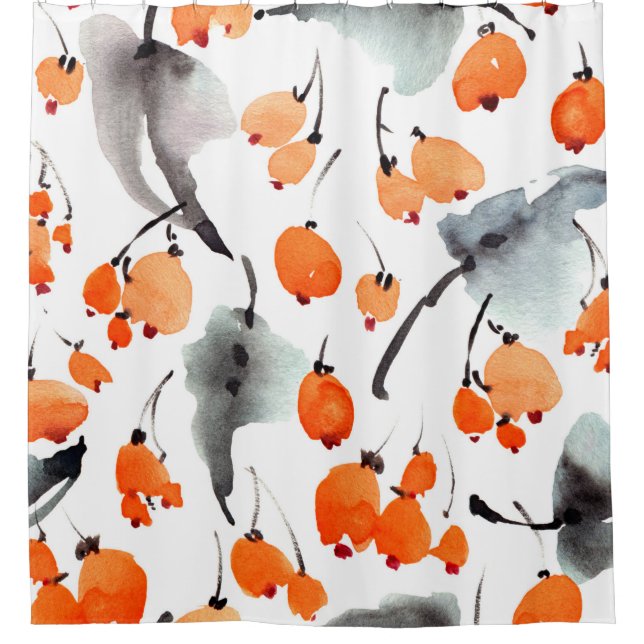 Watercolor berries and leaves illustration pattern shower curtain (Front)