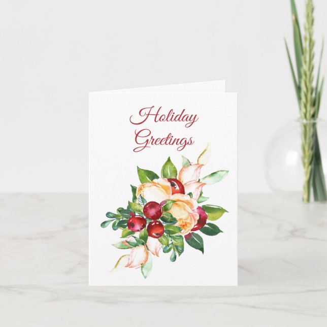Watercolor Berries and Roses Christmas Card (Front)