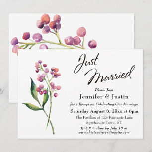 Watercolor Berries & Buds Just Married Typography Invitation