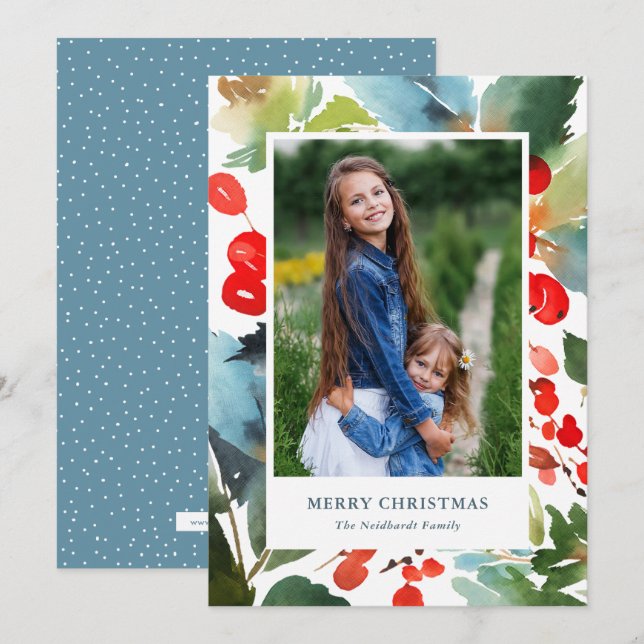 Watercolor Berries Christmas Floral Red Photo Holiday Card (Front/Back)