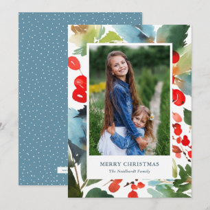 Watercolor Berries Christmas Floral Red Photo Holiday Card