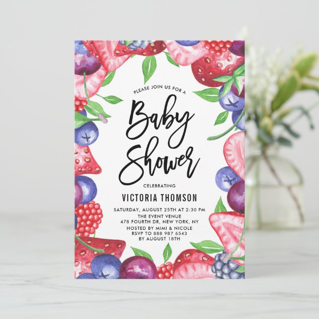 Watercolor Berries Frame Summer Baby Shower Invitation (Standing Front)