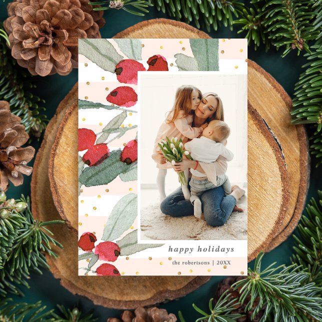 Watercolor Berries Gold Pink Stripes Modern Photos Holiday Card (Creator Uploaded)