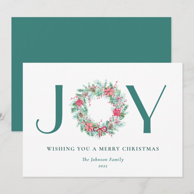 Watercolor Berries & Greenery Christmas JOY Wreath Holiday Card (Front/Back)