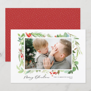 Watercolor Berries Greenery Frame Merry Christmas Holiday Card