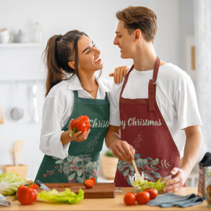 Watercolor Berries Greenery Merry Christmas Apron