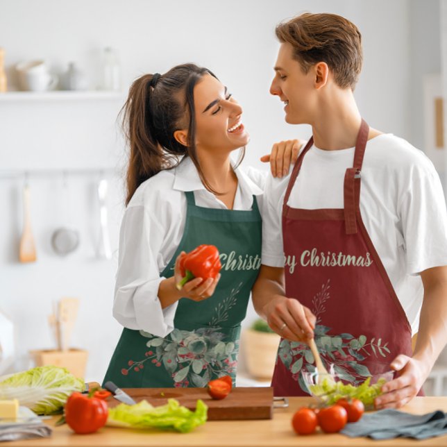 Watercolor Berries Greenery Merry Christmas Apron (Creator Uploaded)