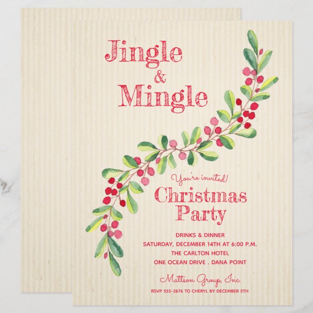 Watercolor Berries Greenery Swag Christmas Invite (Front/Back)