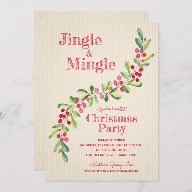 Watercolor Berries Greenery Swag Christmas Invite (Front/Back)