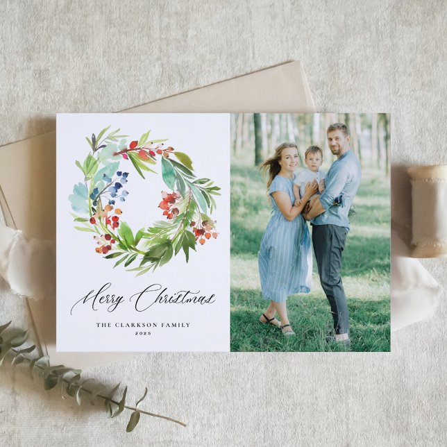 Watercolor Berries Greenery Wreath Christmas Photo Holiday Card (Creator Uploaded)