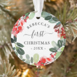 Watercolor Berries Greenery Wreath First Christmas Ornament<br><div class="desc">Watercolor Berries Greenery Wreath First Christmas Ornament.</div>
