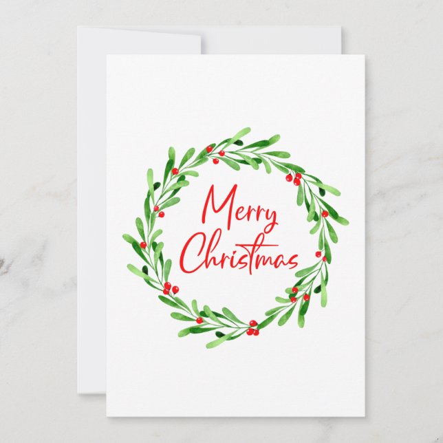 Watercolor Berries & Greenery Wreath Holiday Card (Front)