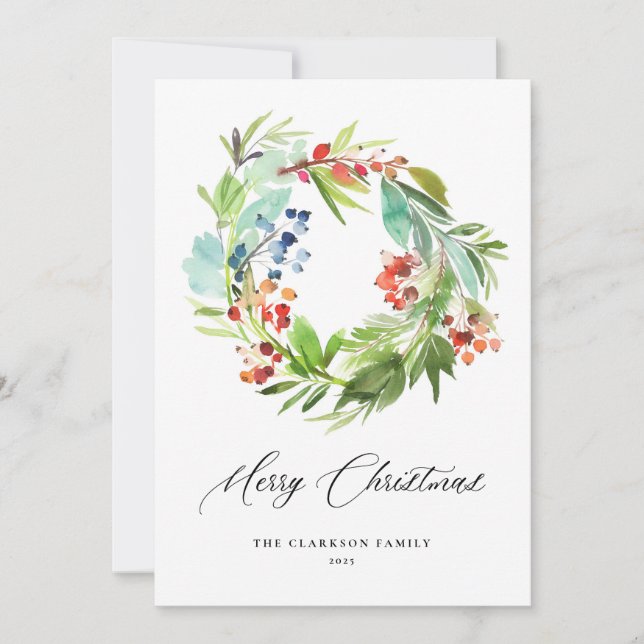 Watercolor Berries Greenery Wreath Merry Christmas Holiday Card (Front)