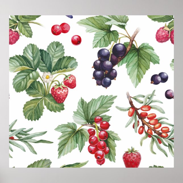 Watercolor Berries Illustration Seamless Pattern Poster (Front)