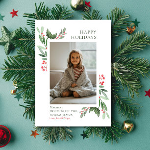 Watercolor Berries & Leaves Christmas Family Photo Holiday Card
