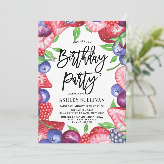 Watercolor Berries Summer Birthday Party Invitation (Standing Front)