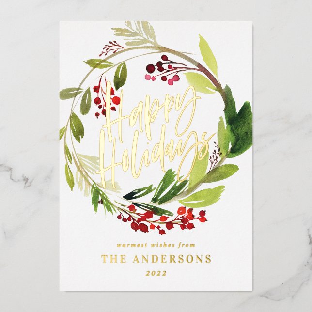 Watercolor Berries Wreath happy Holidays Foil Holiday Card (Front)