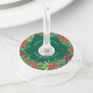 Watercolor berries wreath Merry Christmas family  Wine Glass Tag