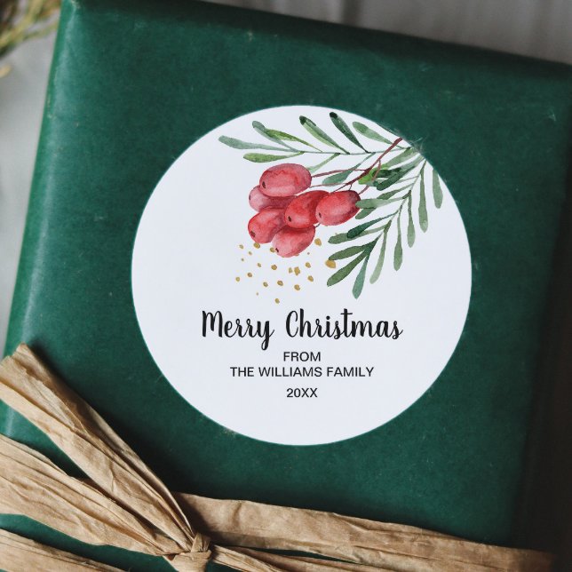 Watercolor Berry and Branches Holiday   Classic Round Sticker (Creator Uploaded)