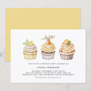 Watercolor Berry and Citrus Cupcakes Birthday Invitation