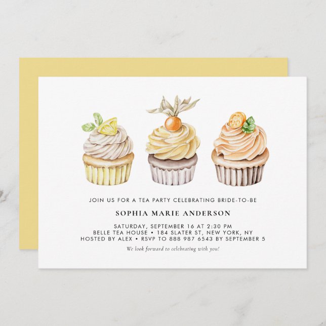 Watercolor Berry and Citrus Cupcakes Tea Party Invitation (Front/Back)