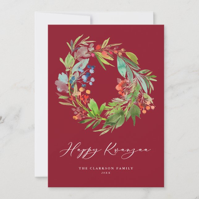 Watercolor Berry and Greenery Wreath Red Kwanzaa Holiday Card (Front)