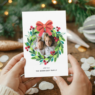 Watercolor Berry and Holly Wreath Holiday Card
