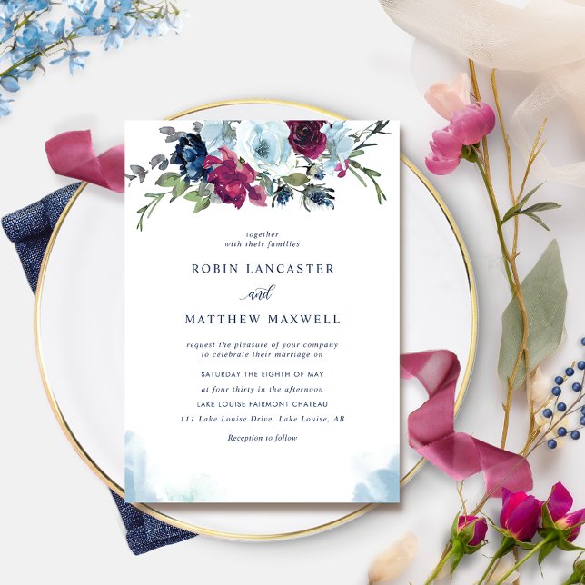 Watercolor Berry Blue Burgundy Floral Wedding Invi Invitation (Creator Uploaded)