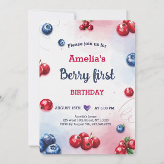 Watercolor Berry Blueberry Raspberry Birthday Invitation