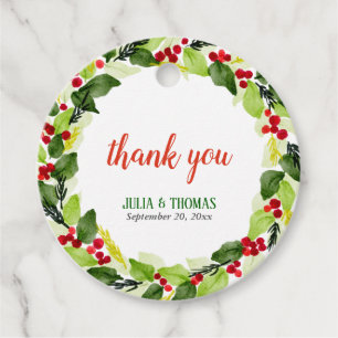 Watercolor Berry Christmas Wreath Thank You Favour Tags