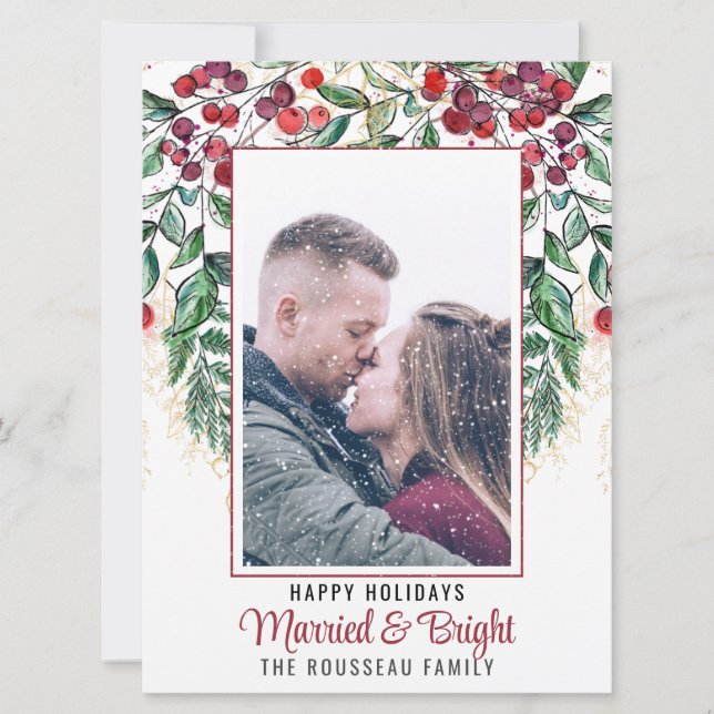 Watercolor Berry Evergreen Married & Bright Holida Holiday Card (Front)
