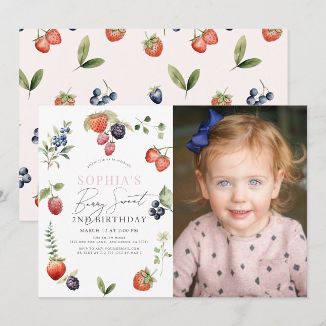 Watercolor Berry First Girl Birthday Photo Invitation (Front/Back)