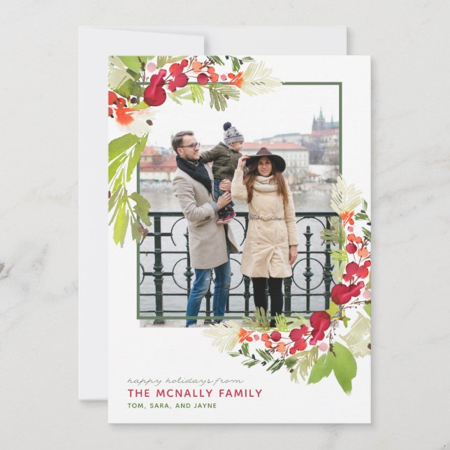 Watercolor Berry Frame Chritmas Photo Card (Front)