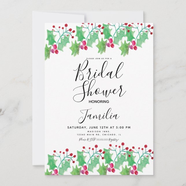  Watercolor Berry Greenery Painted Bridal Shower Invitation (Front)