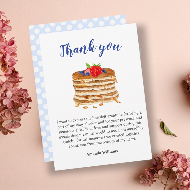 Watercolor Berry Pancake Blue Gingham Thank You Invitation (Sweet Brunch Thank You: Customizable Watercolor Pancake Artwork.)