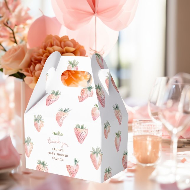 Watercolor Berry Sweet Baby Shower Thank You Favour Box (thank you gift box with pink coquette watercolor srawberries for a berry sweet baby shower party)