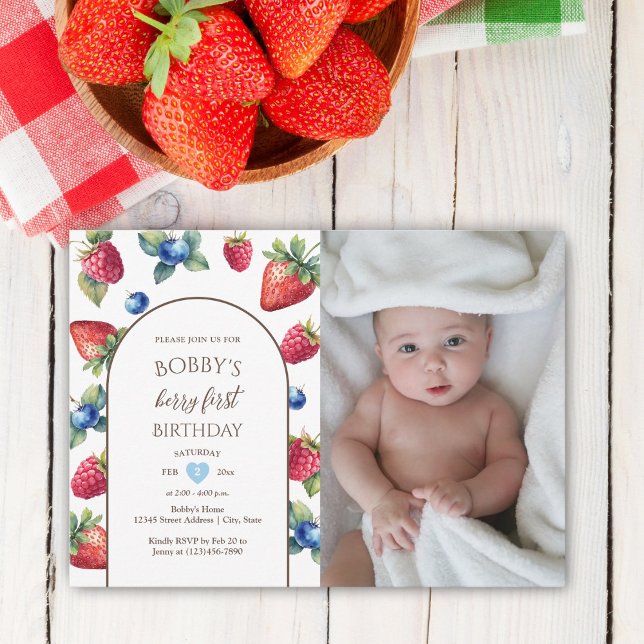 Watercolor Berry Sweet Berry First Birthday Photo Invitation (Creator Uploaded)