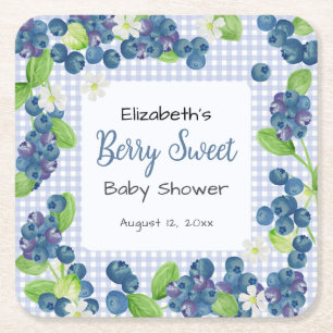 Watercolor Berry Sweet Blue Baby Shower Square Paper Coaster