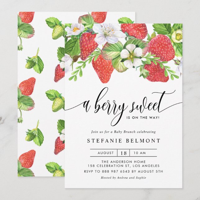 Watercolor Berry Sweet Strawberries Baby Brunch Invitation (Front/Back)