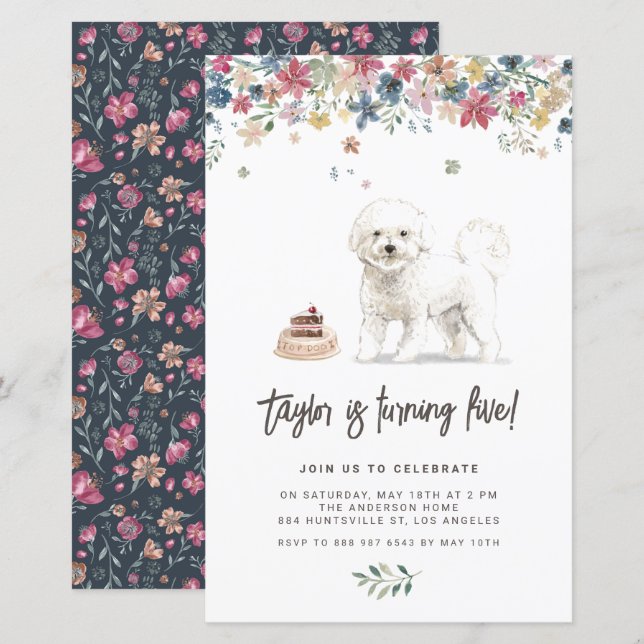 Watercolor Bichon Frise Dog Birthday Invitation (Front/Back)