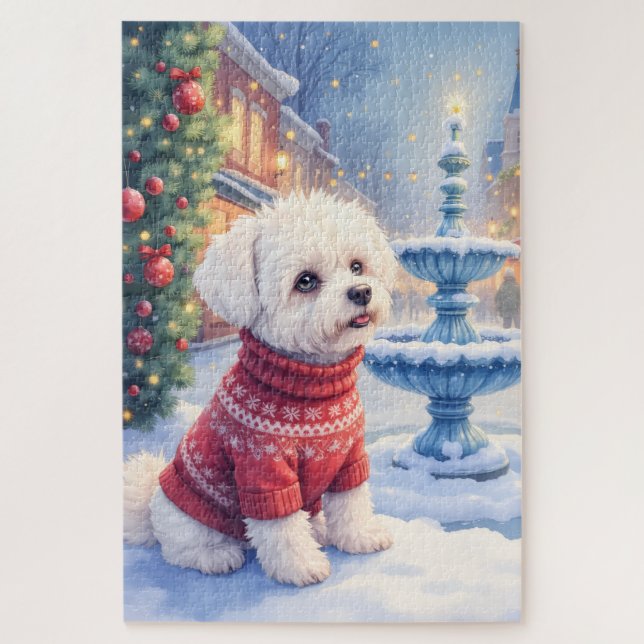 Watercolor Bichon Frise Festive Fountain Christmas Jigsaw Puzzle (Vertical)