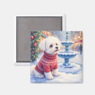 Watercolor Bichon Frise Festive Fountain Christmas Magnet