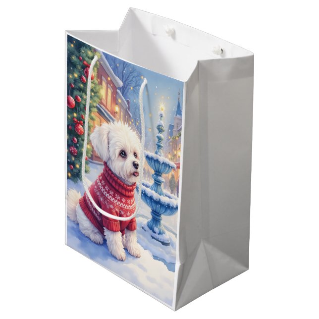 Watercolor Bichon Frise Festive Fountain Christmas Medium Gift Bag (Front Angled)